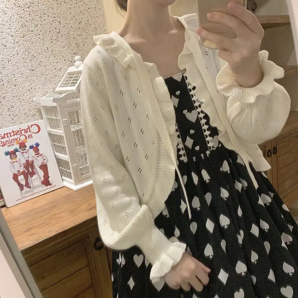 Женский трикотажный кардиган с кружевной завязкой и рукавами-фонариками