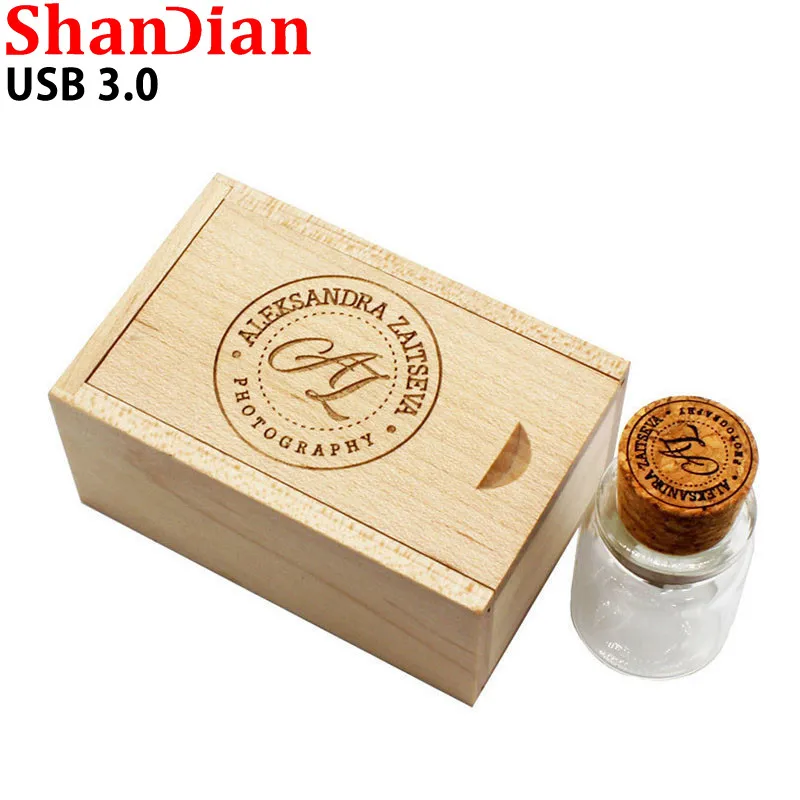 

Glass Bottle USB3.0 Flash Drive 4G 8G 16GB 32GB 64GB 128G Free LOGO Pen Drives Wedding Gifts Box Memory Stick High Speed U Disk