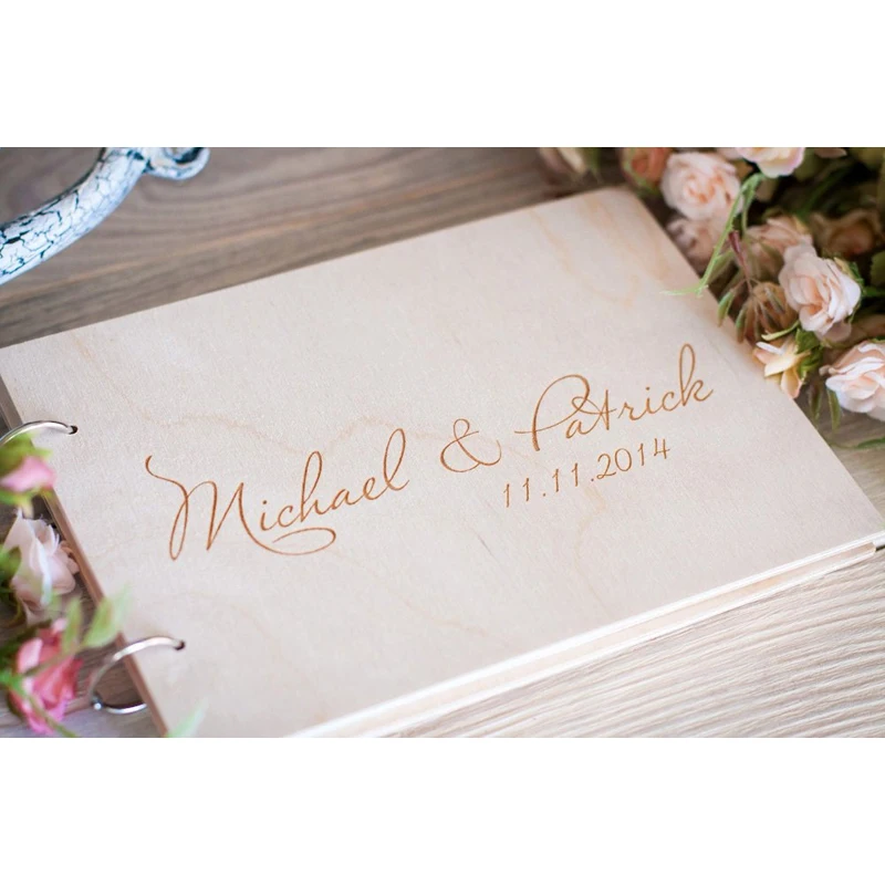 Personalized Wedding Guest Book, Wedding Photo Album Gift Custom Bride & Groom Wooden Kraft Guest Book