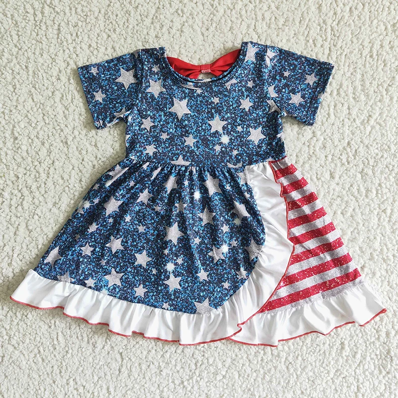

July 4th Summer Kid Fashion New Blue Stars Twirl Dress Wholesale Baby Girl Short Sleeve Stripe Clothing Children Toddler Clothes