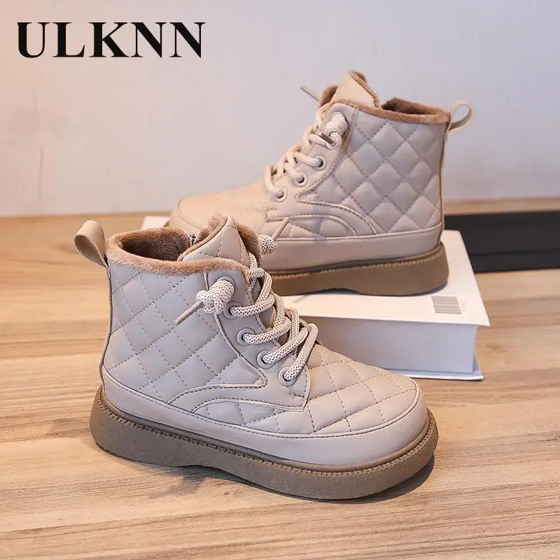 

Pupils Cream-colored Flat Boots 2023 Girls Comfortable High Shoes Kid's Autumn Leisure Children's Outdoor Winter Lace-up Boots