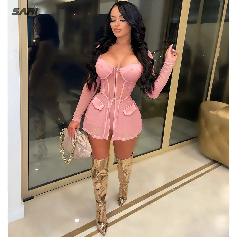 Сексуальный женский костюм летний сетчатый топ средней длины на молнии и шорты