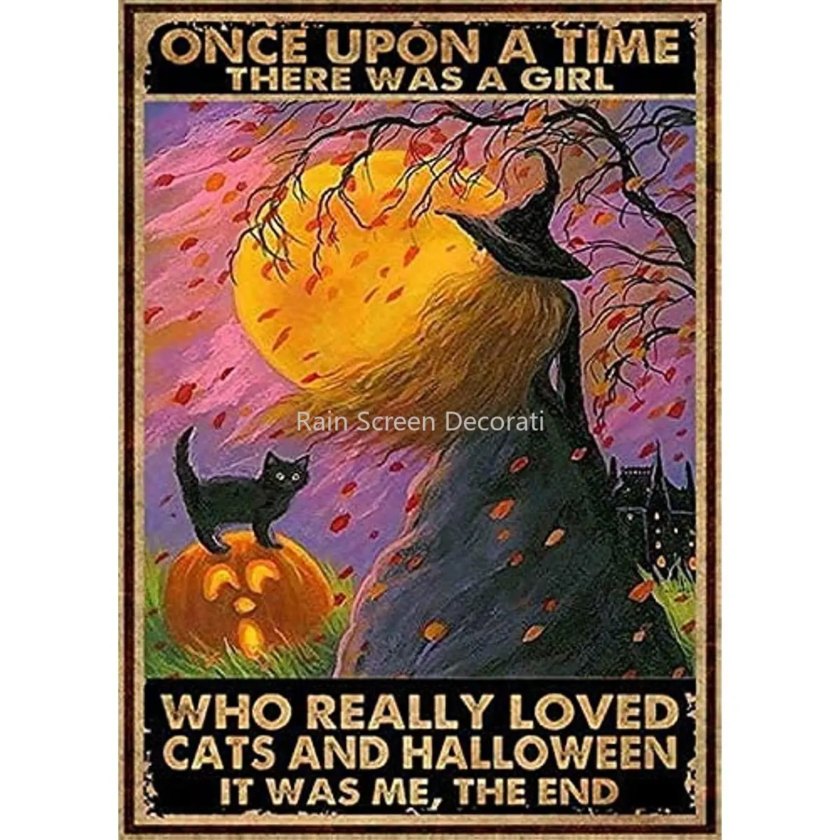

Vintage Style Halloween Tin Sign with Black Cats and witch for Wall Decor in Study or Bar Area, Farmhouse Home Decor Posters