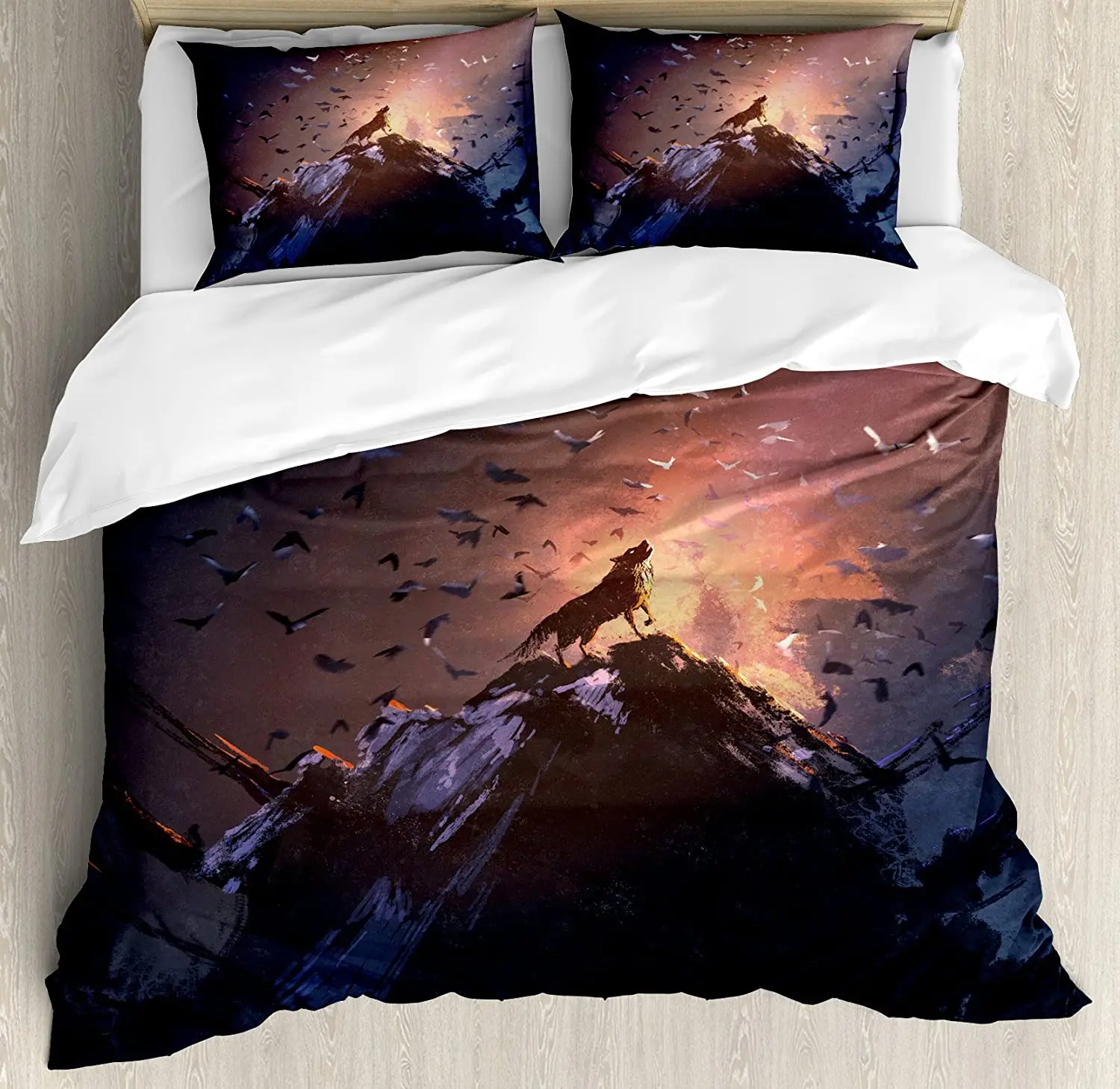 

Комплект постельного белья Fantasy World, Воющий волк на роке, комплект из 3 предметов, пододеяльник, Комплект постельного белья, пододеяльник, нав...