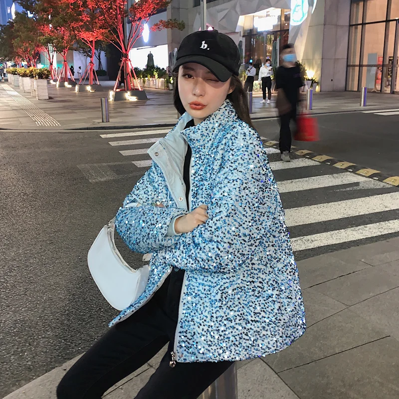 Teenage Girls Sequins Puffer Jackets for Korean Style Fashion Trends Streetwear Womens Crop Bubble Coat with Hood Female Clothes
