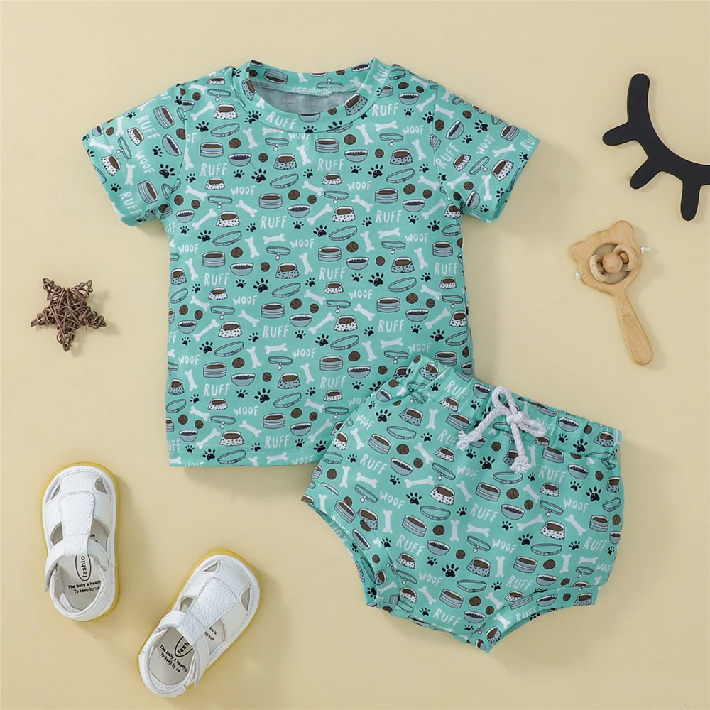 

Newborn Cute Dog Bone Print Clothes Sets Toddler Baby Boy Girl Pet Bowl Letter Short Sleeve T-Shirt + Elastic Shorts Summer 2022