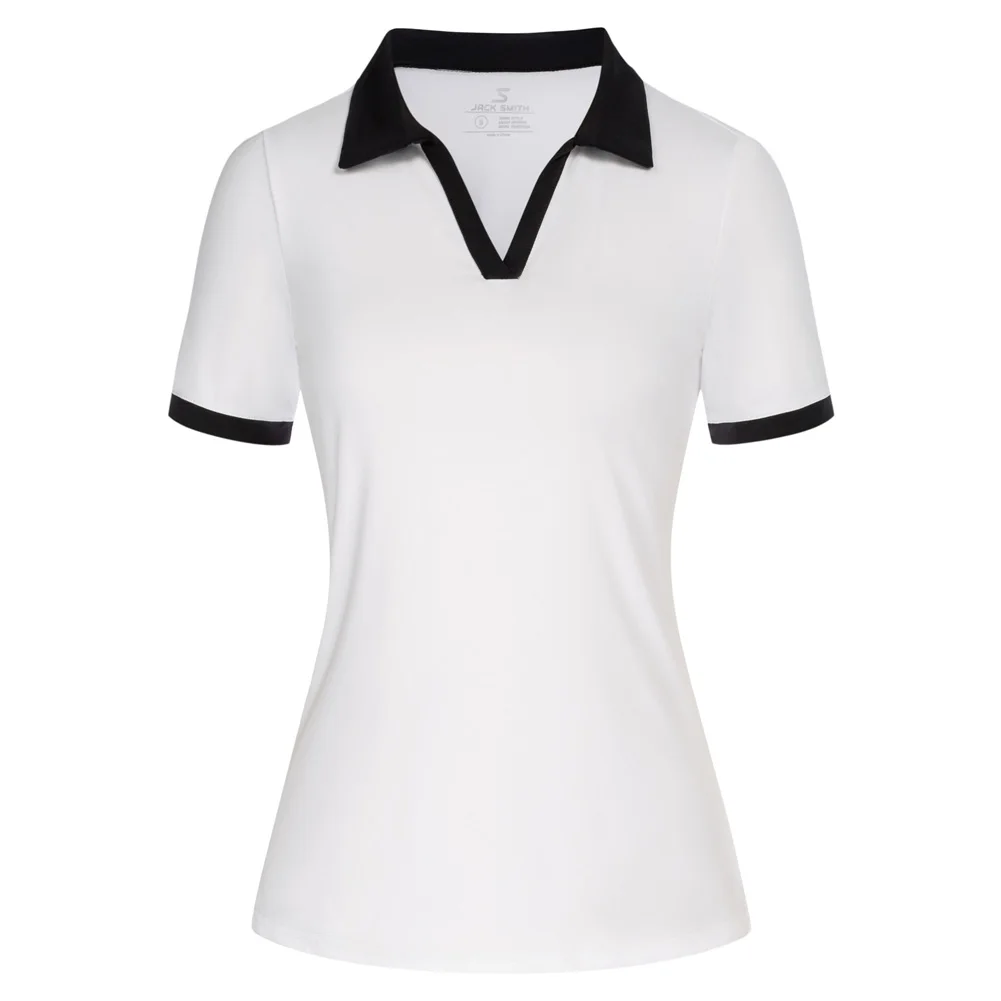 

JS Women Contrast Color Sports Shirt Short Sleeve Lapel Collar V-Neck Tops