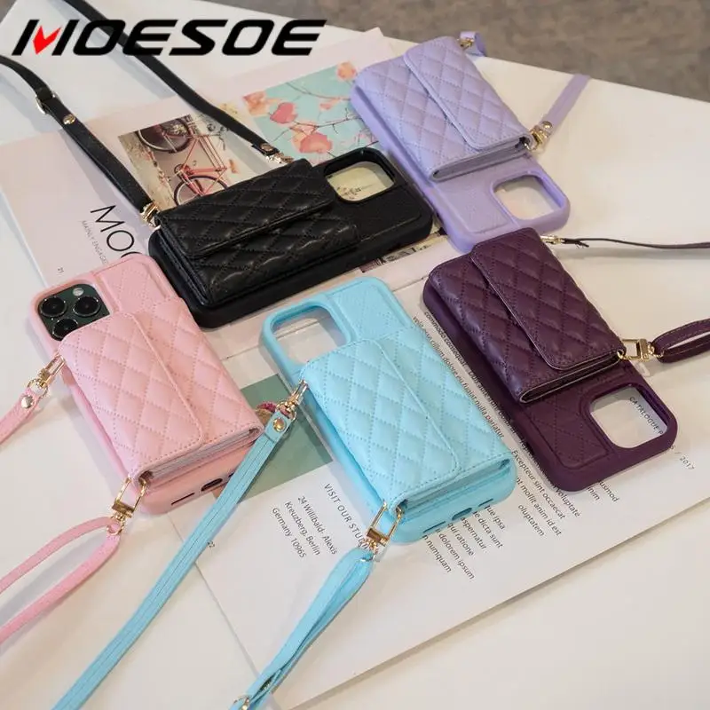 

For iPhone 14 Pro Max 13 12 Pro 11 14 Plus Crossbody Leather Wallets Card Lanyard Case Luxury Organ Card Holder Strap Cover
