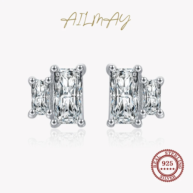 

Ailmay Pure 925 Sterling Silver Luxury Rectangle Clear Zircon Stud Earrings For Women Fashion Fine Jewelry Engagement Gifts