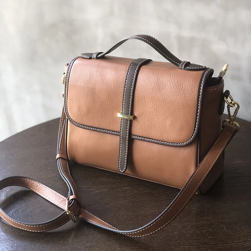 women genuine leather brown apricot black simple crossbody bag for lady fashion daily commuting design shoulder bag