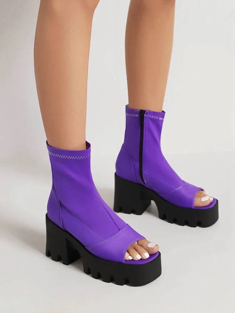Peep Toe Ankle Boots 2023 Summer New Women Chunky Heels Platform Boots With Zipper Women's Thick Sole Sandal