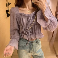 summer purple ruffles tops women flare sleeves thin shirts high waist streetwear fashion all match solid chic blouses plus size