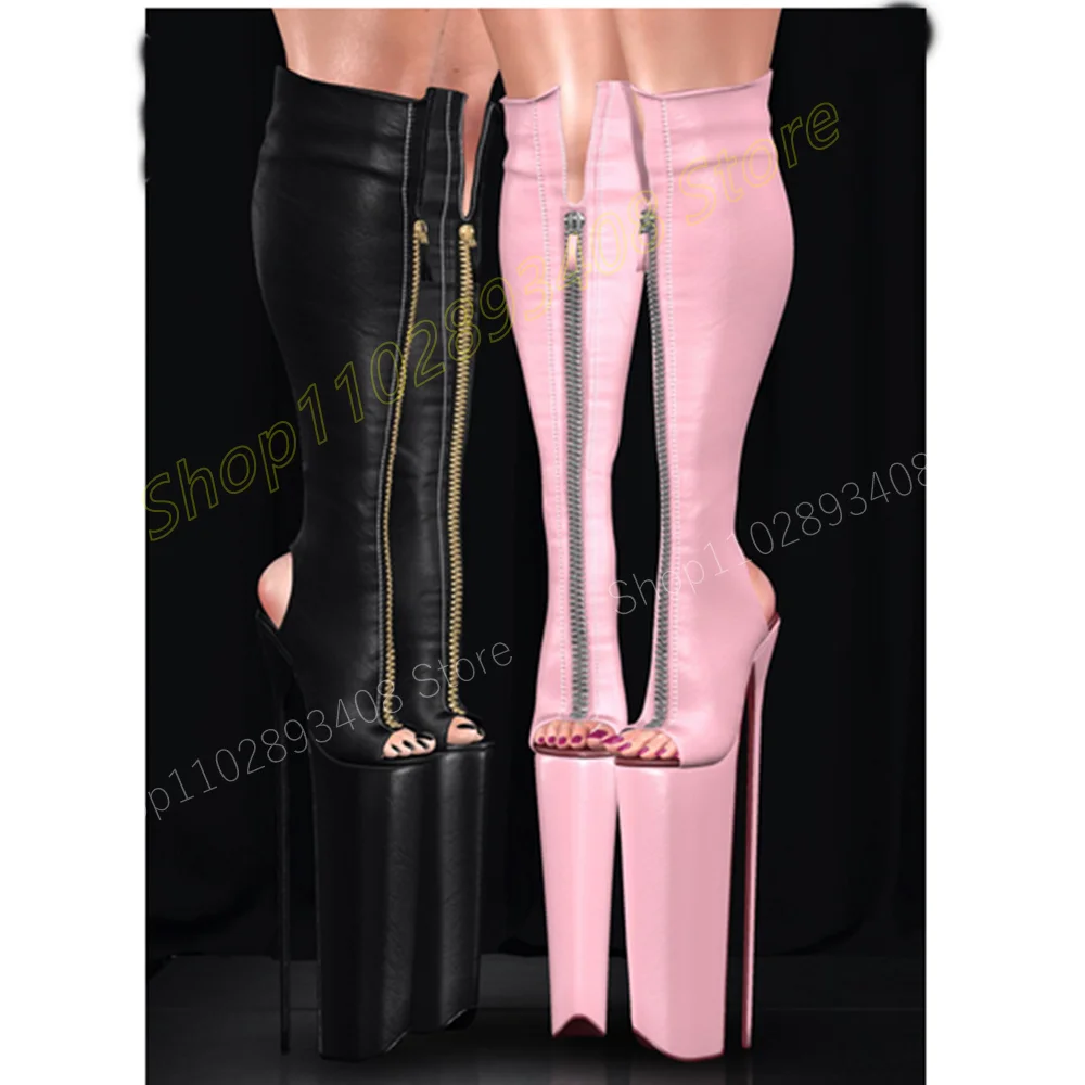 Женские сапоги с открытым носком черные до колена на высоком каблуке-шпильке