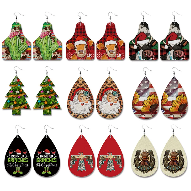 

New Christmas Earrings Farm Milk Cow Sheep Animal Western Style Sunflower Vintage PU Leather Personality Earrings Wholesale