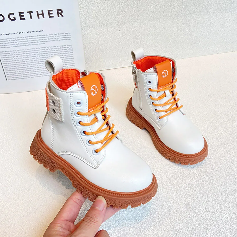 

Autumn Martin Boots For Girls Korean Style Patchwork 2023 Fashion Shoes For Children Anti-slippery PU Leather Footwear For Kids