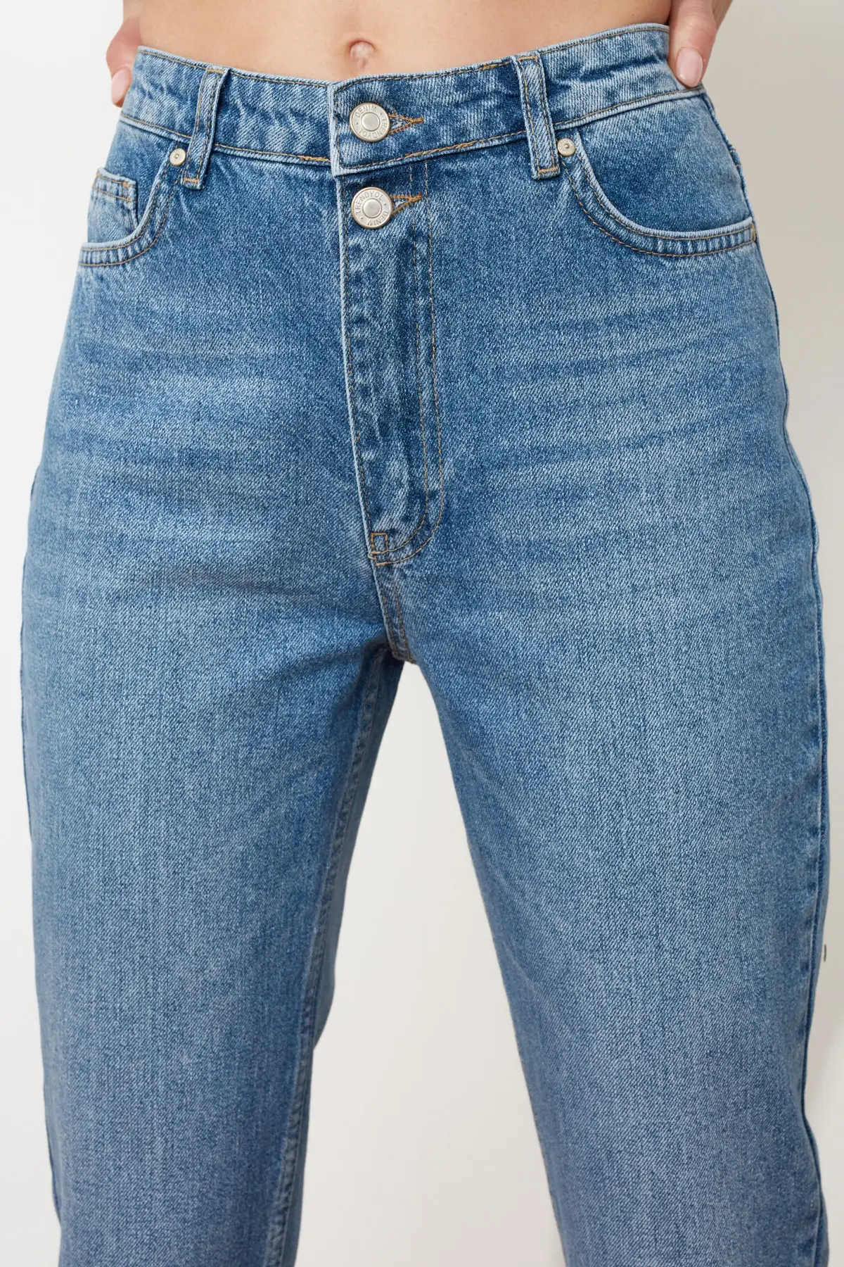 Blue Double-Button High WAIST Mom Jeans women casual denim pants elegant denim pants ladies Blue