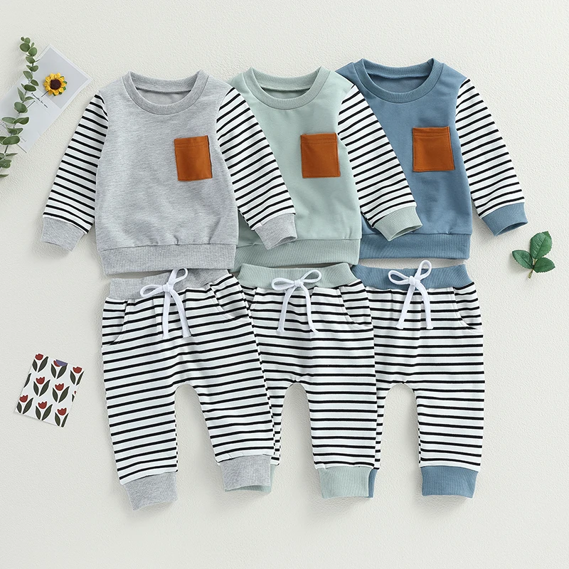 

New Fashion Toddler Boys 2PCS Baby Sets Newborn Long Sleeve Patchwork Tops and Drawstring Striped Pants Infant Clothing Set