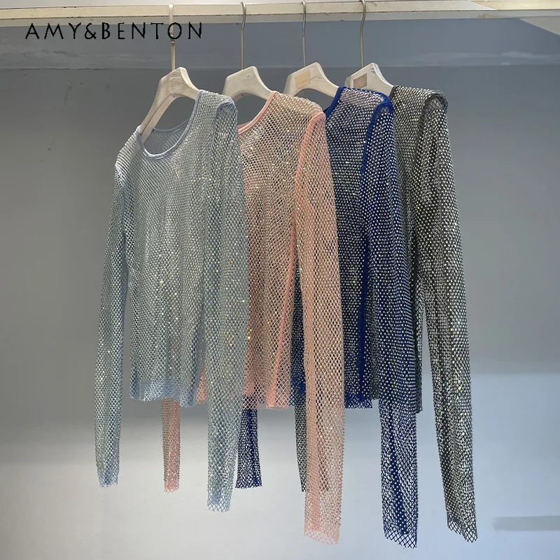 

See-through Diamond Studded Hollow Shiny Bottoming Shirt Heavy Industry Elegant Slim Rhinestone O-Neck Long Sleeve Top Blouse