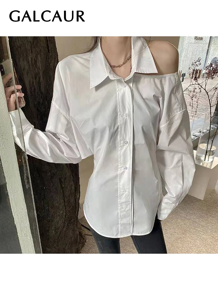 

GALCAUR White Straight Shirt For Women Lapel Long Sleeve Cut Out Solid Button Through Blouse Female Fashion Clothing Style New