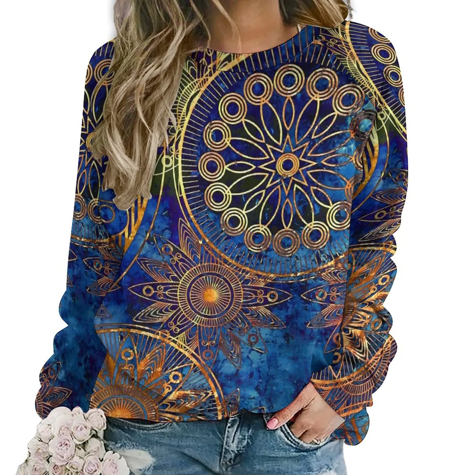 

Celestial Steampunk Hoodies Blue Gold Mandala Korean Fashion Oversized Hoodie Ladies Long Sleeve Y2k Design Casual Sweatshirts