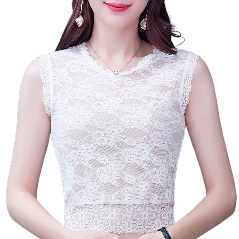 

Women Plum Flower Lace Sleeveless Detachable Collar Solid Color Round Neck Half Shirt Blouse Scalloped Trim Slim Drop Shipping