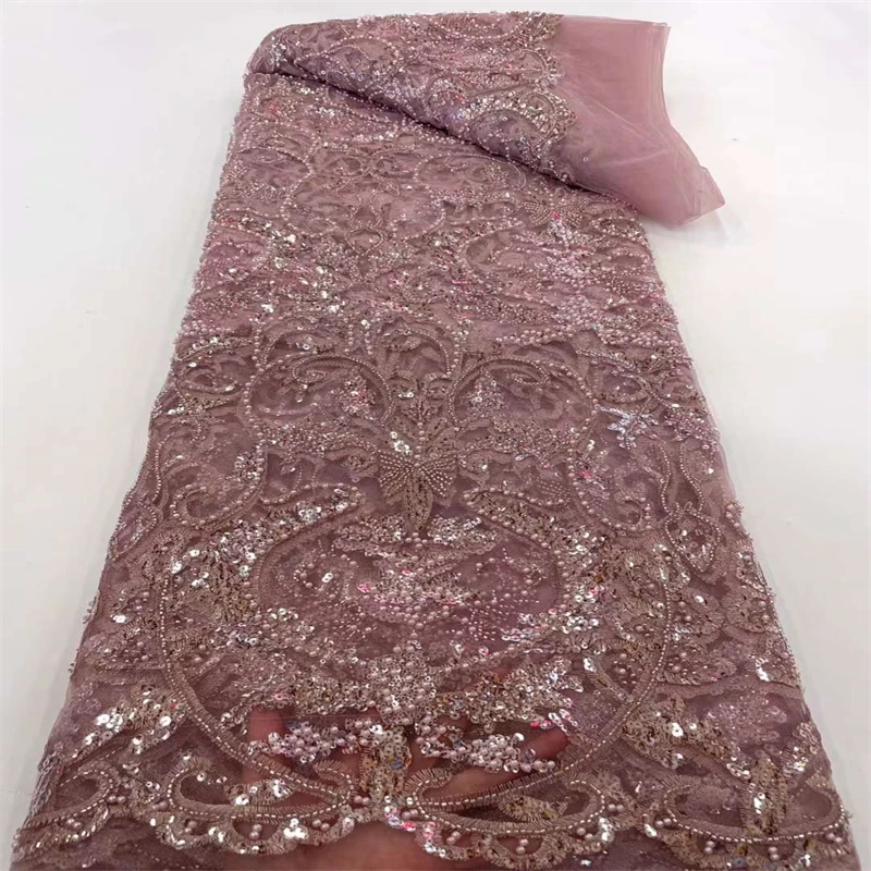 

​Heavy Handmake Beads African Lace Fabric High Quality Lace Fabric With Sequins Nigerian Lace Fabrics For Wedding Sewing WS-410