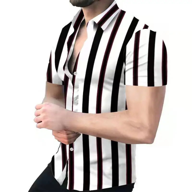 Summer Men's Luxury Black White Striped Printed Hawaii Casual Shirts 2023 Summer Men Clothing Cardigan Short Sleeve Dress Shirt