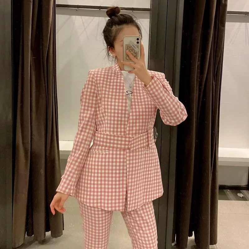 Pink Sweet Plaid Blazers with Free Sashes Women Cute Buttonless Plaid Casual Office Blazer Suit 2021 New Y2k Girl Chic Work Suit
