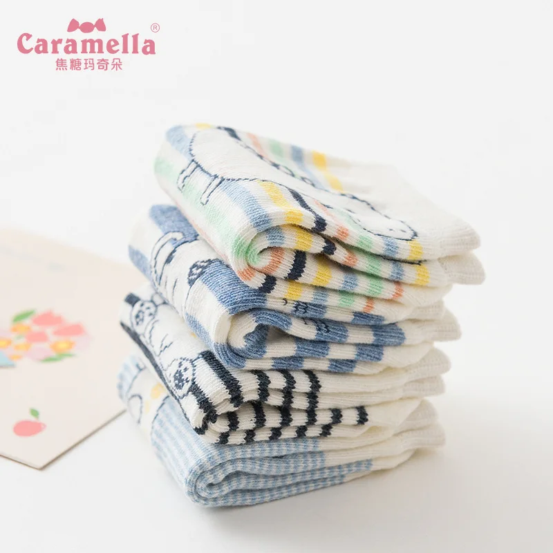 2018 New 4pairs/box Cotton Sky Blue Stick Figure Cartoon Socks Children Girl Boy  Winter Lovely Animals Short Socks Cute 562534