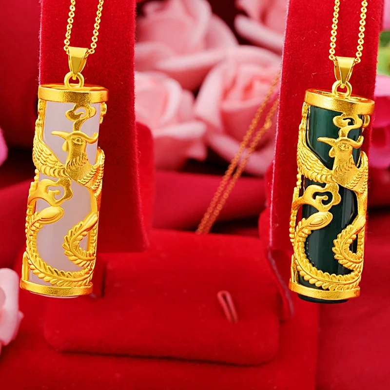 Top Grade Golden Dragon Phoenix Pendant For Lover Valentine's Day Gift Luxury Jade Necklace For Men Women Choker Accessories Hot images - 6