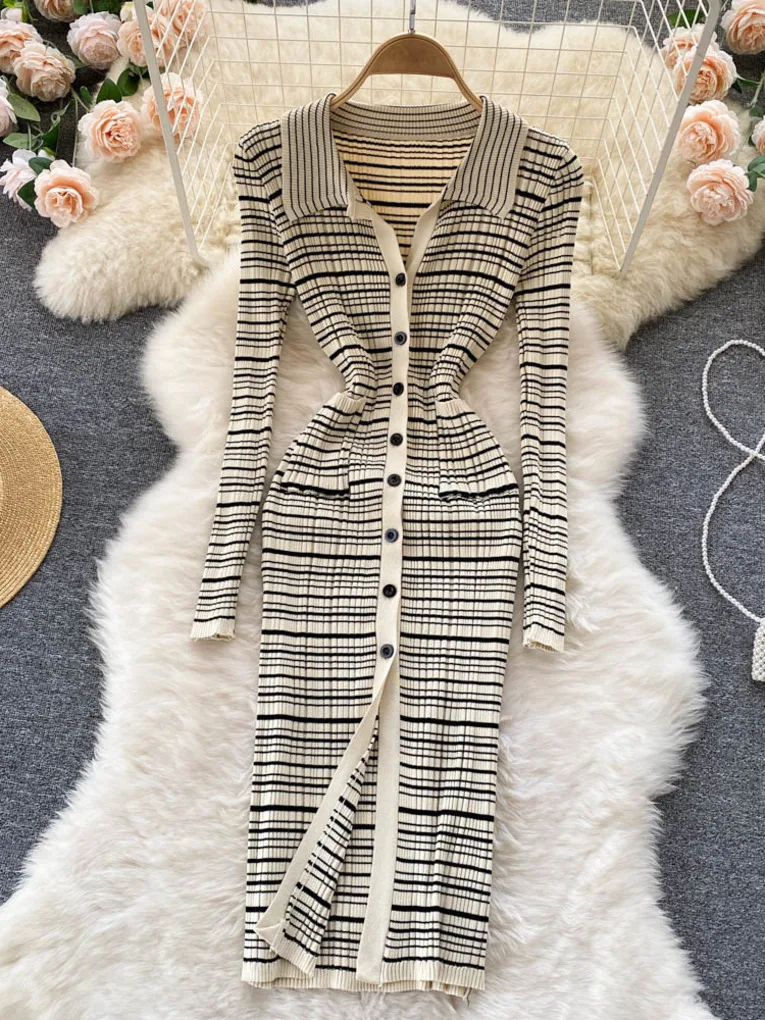 

Polo Collar Striped Knit Dress for Women Fashion Spring Long Sleeve Single Breasted Slim Elastic Midi Calf Bodycon Party Dress