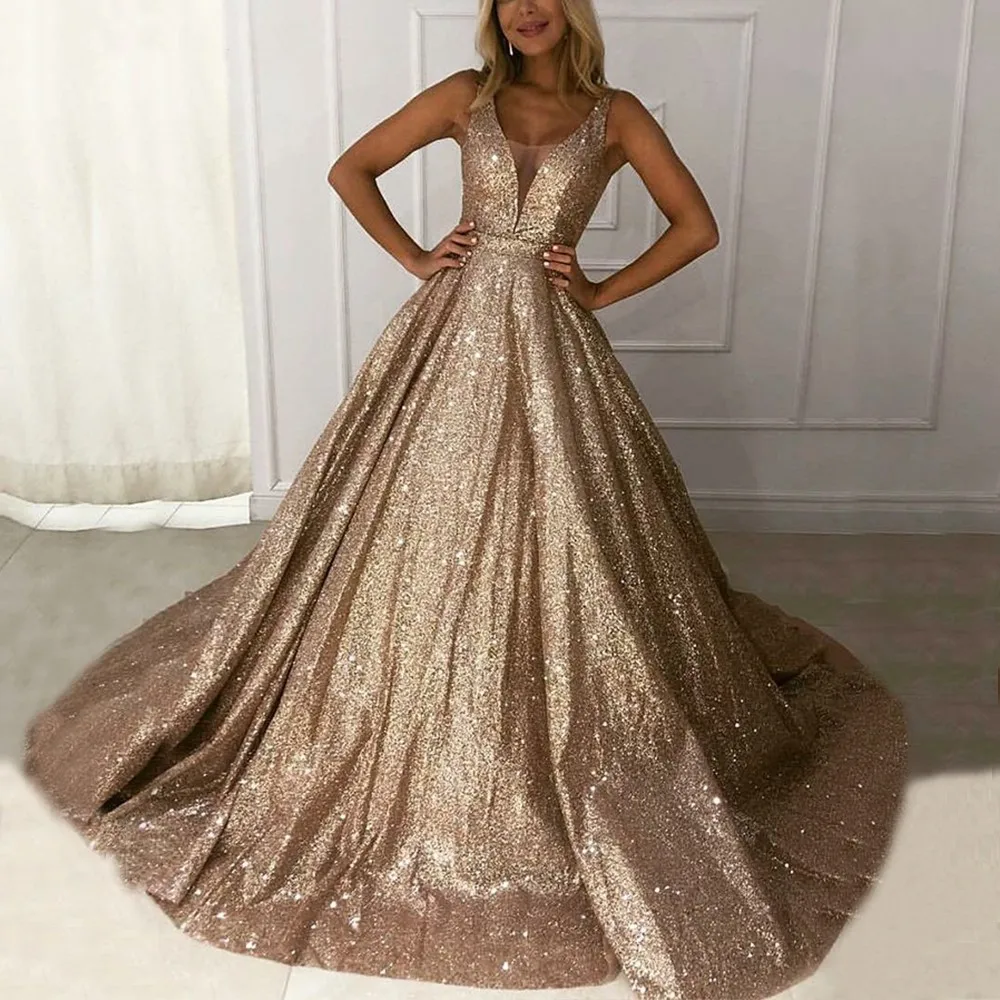 

Shinly Champagne A Line Prom Dresses V Neck 2023 Glitter Tulle Sequins Robe De Soiree Formal Party Evening Gowns Vestido De Gala