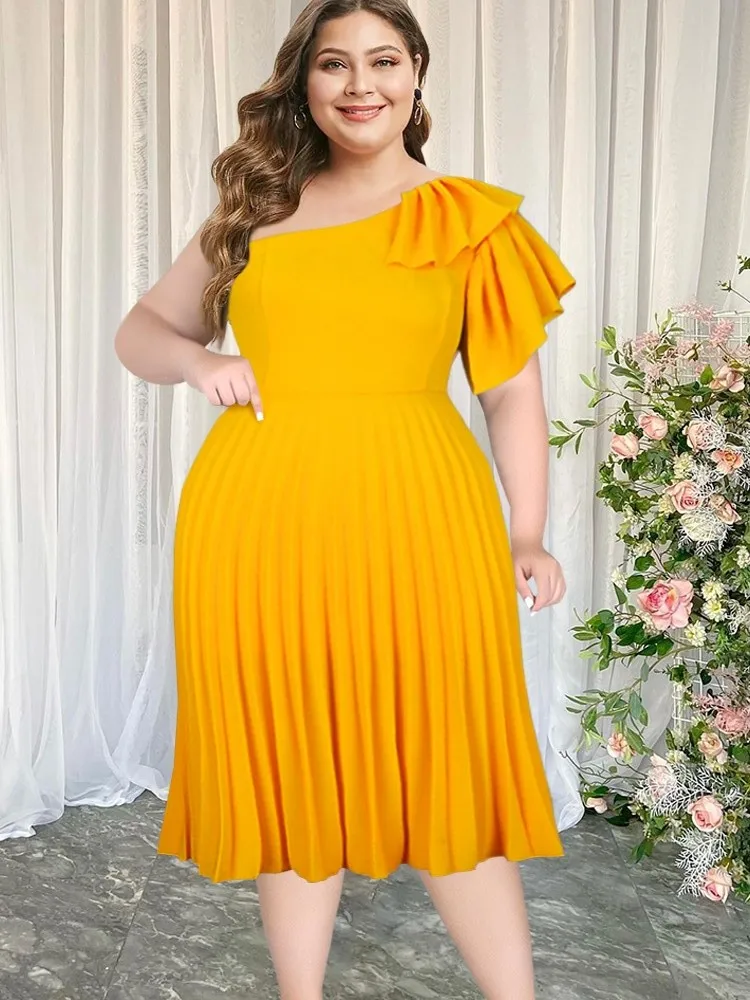 Plus Size Pleated Dress Women Elegant Cascading Ruffle Short Sleeve Irregular Swing Short African Fashion Party Vestido 2022 New