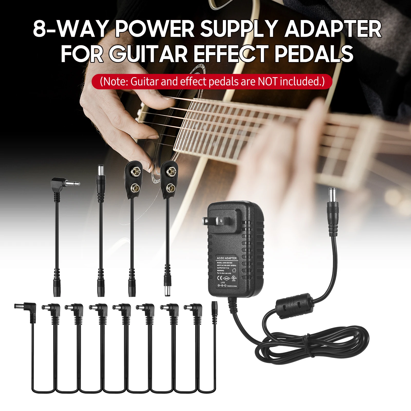 

Caline CP-07A Guitar Effects Power Supply Adapter DC 9V 1A with 5-Way Chain Cable Reversed Polarity Cables Battery Clip Cables