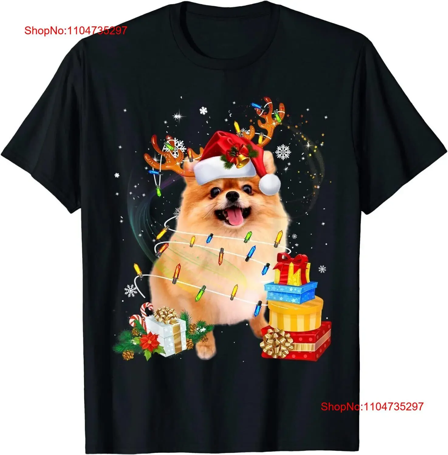 Фото Померанский шпиц, олень, Санта-Рождество, забавная футболка, винтажная стильная уличная одежда, модная растянутая повседневная футболка №1