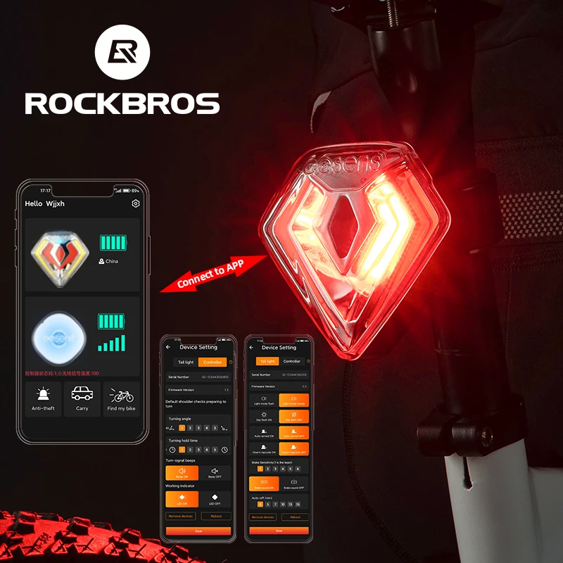 

Задний фонарь велосипеда Rockbros, 1000 мАч, с функцией автоматического тормоза