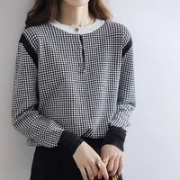 spring autumn knitwear womens french temperament pullover black and white check color matching bottom fashion top loose sweater