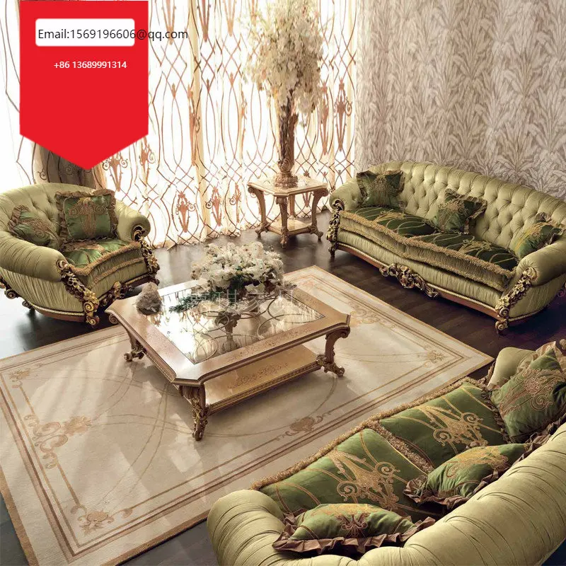 

Custom European luxury solid wood sofa Italian fabric French court log carved living room furniture