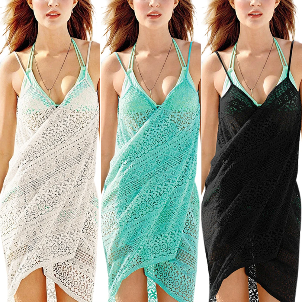 

Женское бикини на бретельках, накидка без рукавов, свободная кружевная купальная одежда, длинные платья, женская повседневная однотонная о...