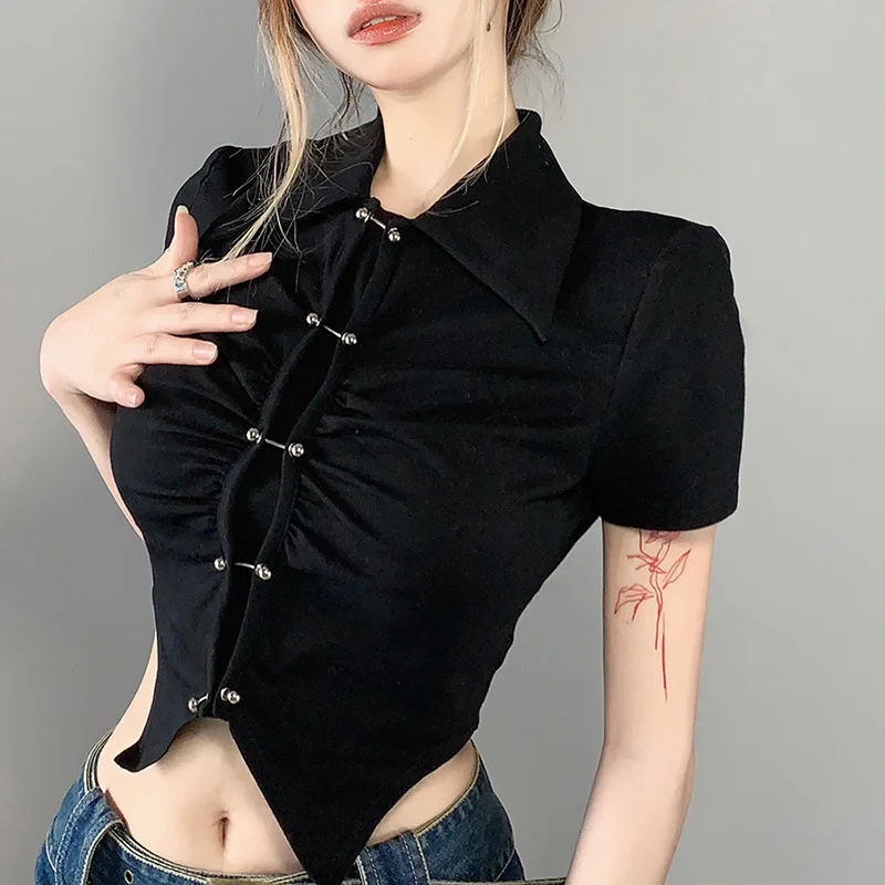 

Новинка лета 2022, кардиган, футболка, Женский однотонный облегающий Модный милый топ с отложным воротником и короткими рукавами, асимметричн...