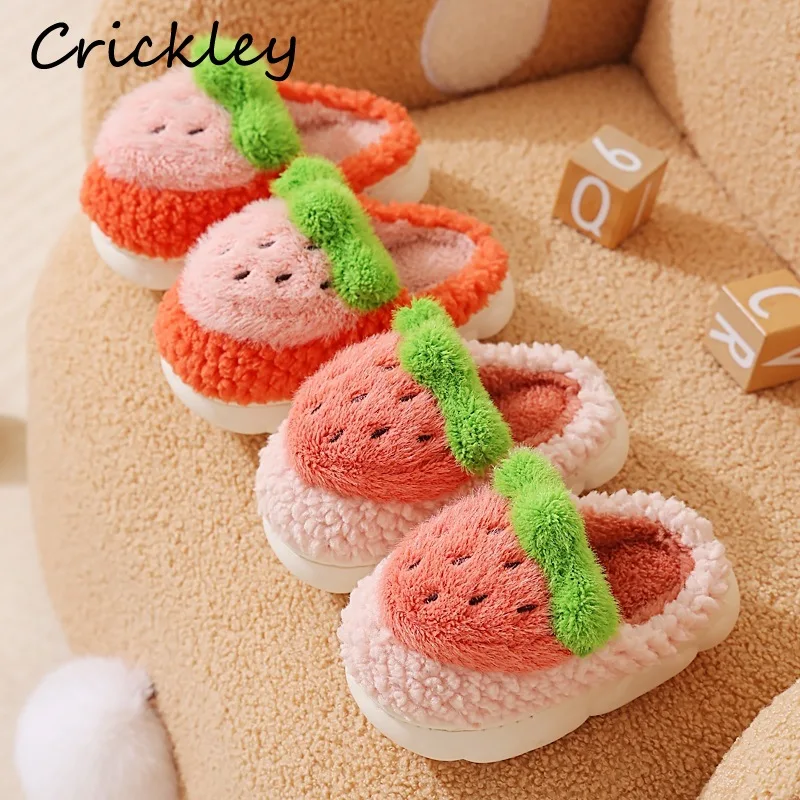 

New Strawberry Girl's Home Shoes Winter Pink Cute Anti Slip Slippers For Children Warm Plush Soft Flats Indoor Kids Slippers