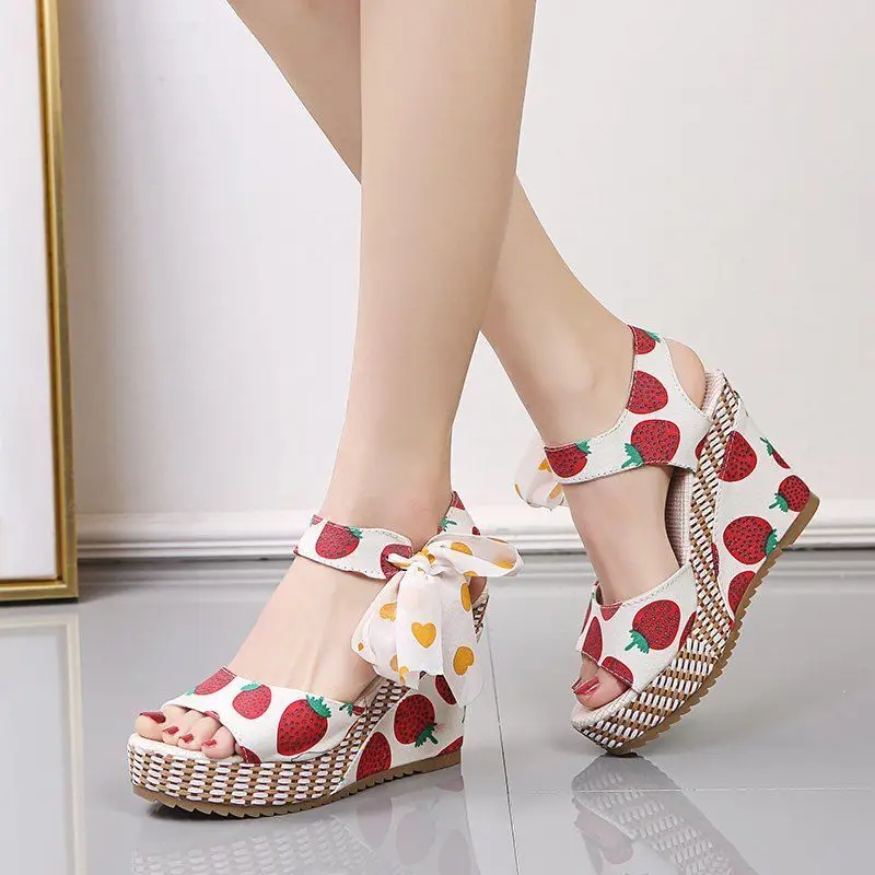 

Summer 2023 Bow Footwear with Strap Women's Shoes Wedges Heel Sandals for Woman Green Wedge Platform Waterproof Print Super-high