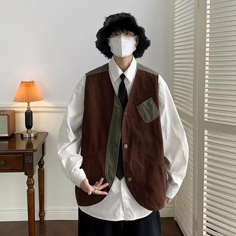 

Yasuk Autumn Winter Solid Casual Button Vest Cardigan Safari Style Jacket Men's Loose Cool Boys Pocket Patchwork All Season