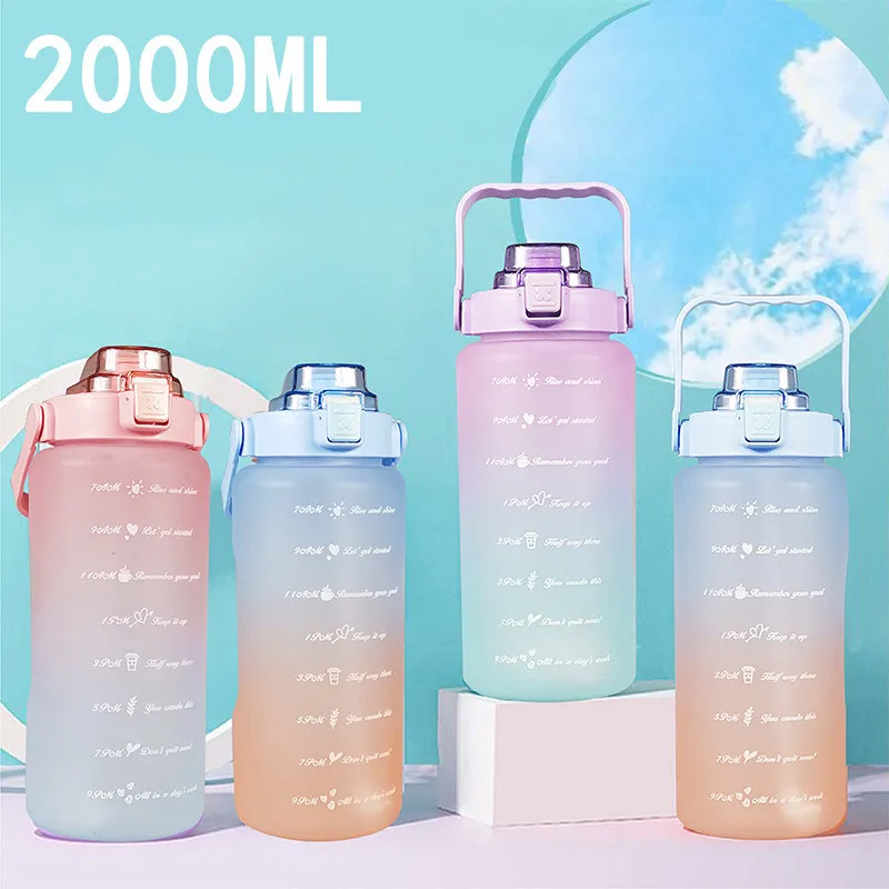 

2L Water Bottle Large Capacity Space Cup With Straw Time Scale Gradient Color Child Outdoor Portable Travel Fitness Plastic Cup