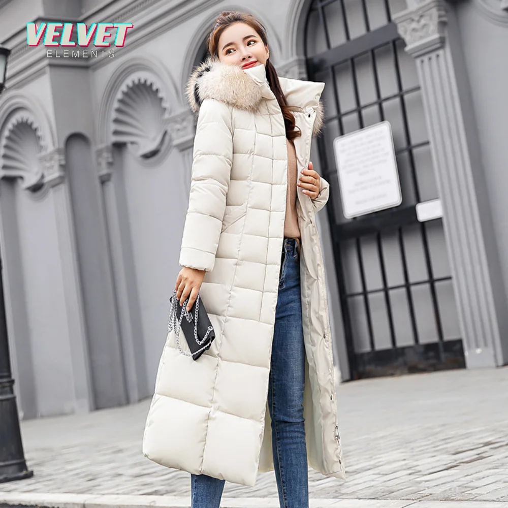 VelvetElements 2023 New Down Cotton Padded Liner Parkas 3XL Fashion Fur Collar Winter Jacket Women Long Hooded Winter Coat