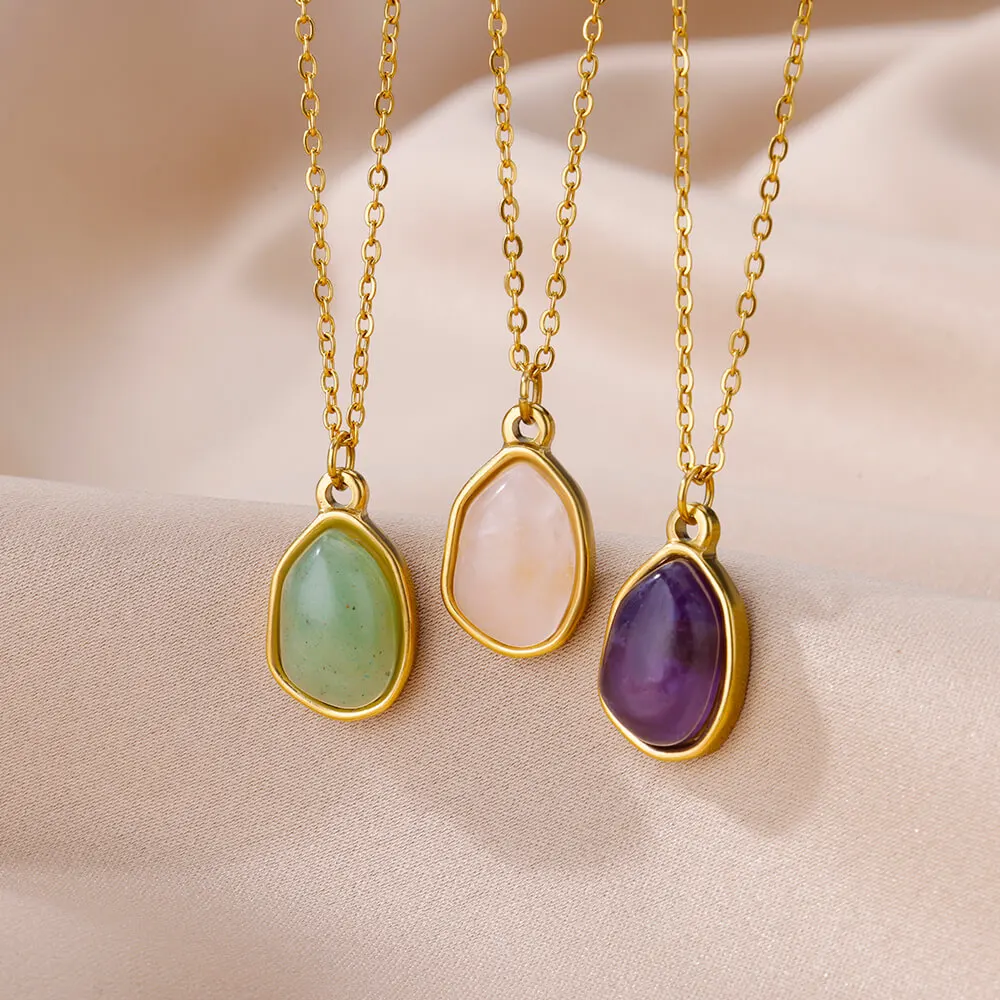 

Trendy Natural Stone Pendant Stainless Steel Necklace for Women Girls Vintage Gold Chain Necklaces Choker Jewelry Free Shipping