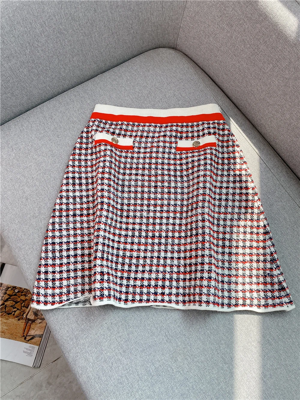 Houndstooth Knitted Skirt 2022 Spring New French Casual Plaid Waist and Slim Pocket Skirts