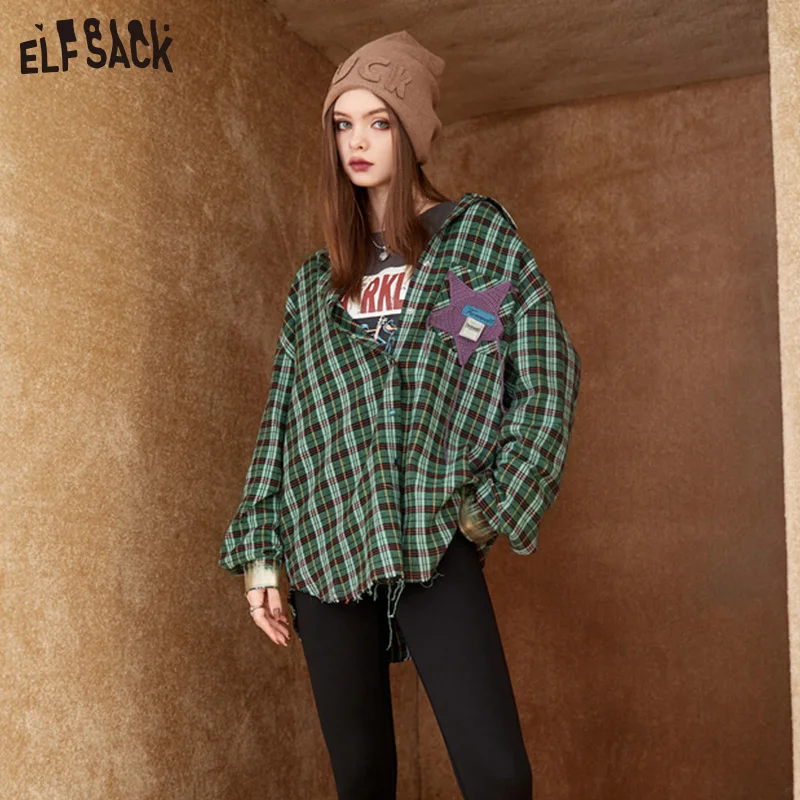 ELFSACK Long Sleeve Plaid Casual Shirt Women 2022 Autumn/Winter Vintage Ladies Tops