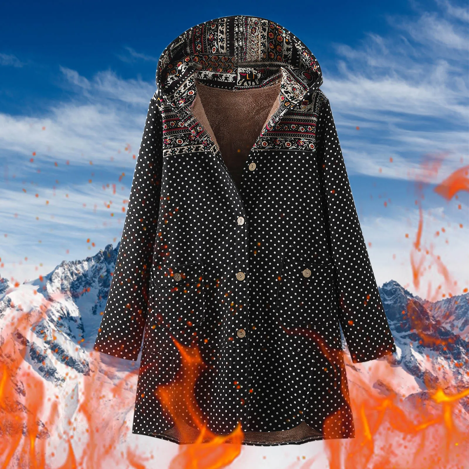 

Женская куртка с принтом, теплое пальто с капюшоном, куртка с длинными рукавами и пуговицами, Женская куртка, Женская флисовая куртка