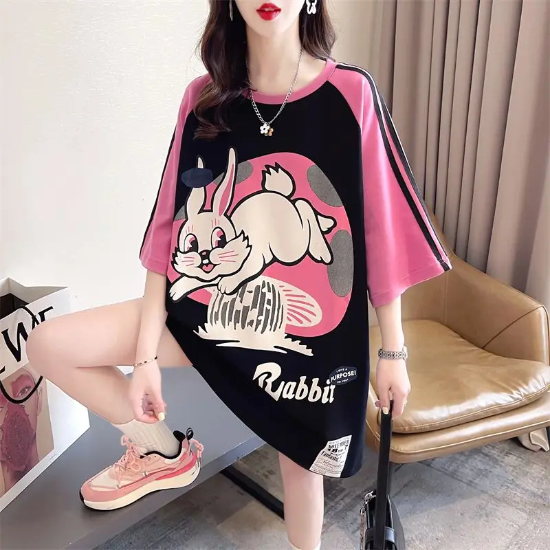 

DAYIFUN Mid Length Tshirts Women's Cartoon Printed Short-sleeved T-shirts Lady Summer 2023 New Loose Large Size Half Sleeve Tops